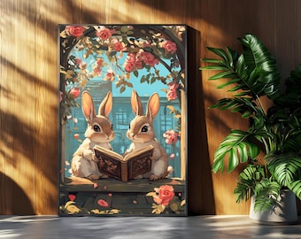 Romantic Bunnies Reading Art | Digital Illustration Print | Floral Animal Wall Decor | Whimsical Nursery Download
