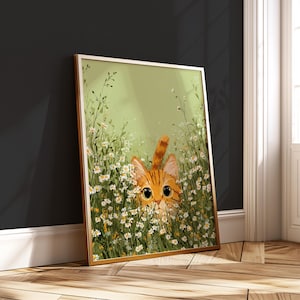 Orange Tabby Cat Print – Cute Kitten in Chamomile Field – Digital Wall Art Download – Whimsical Floral Cat Poster