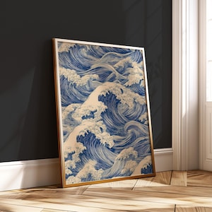 Seamless Japanese Wave Pattern – Vintage Ocean Line Art – Digital Wall Print – Traditional Minimalist Zen Decor