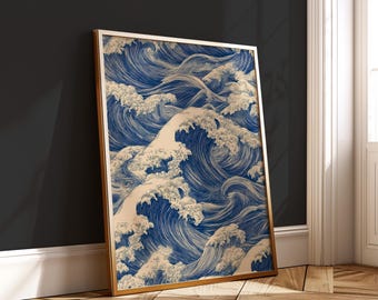Seamless Japanese Wave Pattern – Vintage Ocean Line Art – Digital Wall Print – Traditional Minimalist Zen Decor