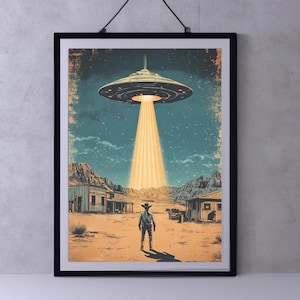 SciFi Western Cowboy Art Print, Desert Wall Art, Alien Abduction Poster, UFO Poster, Framed and Printed Canvas Art