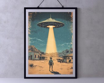 SciFi Western Cowboy Art Print, Desert Wall Art, Alien Abduction Poster, UFO Poster, Framed and Printed Canvas Art