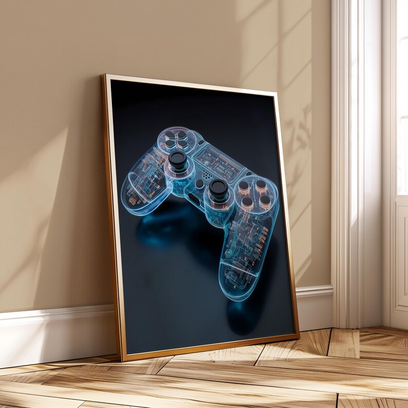 Transparent Gaming Controller Printable Wall Art, Futuristic Console Poster, Cyberpunk Tech Aesthetic Digital Download image 1