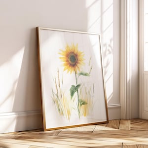 Impression aquarelle tournesol - art mural botanique minimal - affiche florale jaune - téléchargement numérique - décoration de ferme Cottagecore