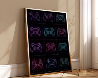 Neon Game Controller Poster - Cyberpunk Wall Art Digital Gaming Decor Gamer Room Download Retro Futuristic Joystick Print