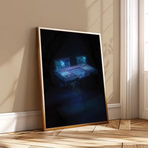 Holographic Interface Table Art Print, Sci Fi Floating Console Poster, Futuristic UI Workspace Artwork, Neon Tech Style