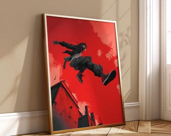 Red Parkour Action Art Print, Urban Jump Poster, Street Runner Illustration Bold Modern Wall Decor