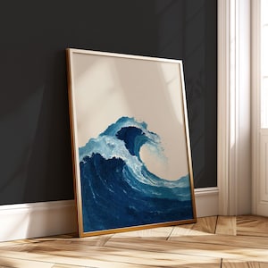 Blue Wave Japandi Wall Art – Minimalist Ocean Crest – Digital Download Print – Zen Abstract Decor