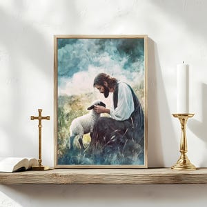 Jesus and the Lamb Wall Art – Christian Digital Print | Good Shepherd Painting | Lost Sheep Printable | Jesus Christ Pastoral Decor