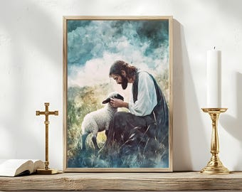 Jesus and the Lamb Wall Art – Christian Digital Print | Good Shepherd Painting | Lost Sheep Printable | Jesus Christ Pastoral Decor