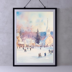 Vintage Winter Wall Art | Neutral Christmas Printable Art | Ice Skating Print | Winter Cityscape Painting | Antique Holiday Decoration