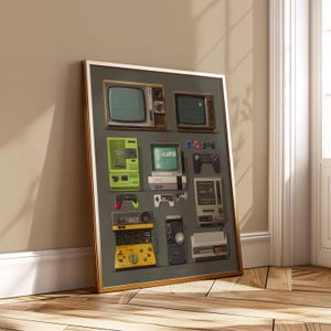 May include: A framed print showcasing a selection of retro gaming consoles and televisions. The artwork displays a variety of vintage electronics, including classic consoles, controllers, and old-fashioned TVs, all arranged on a grey background. The frame has a gold finish.