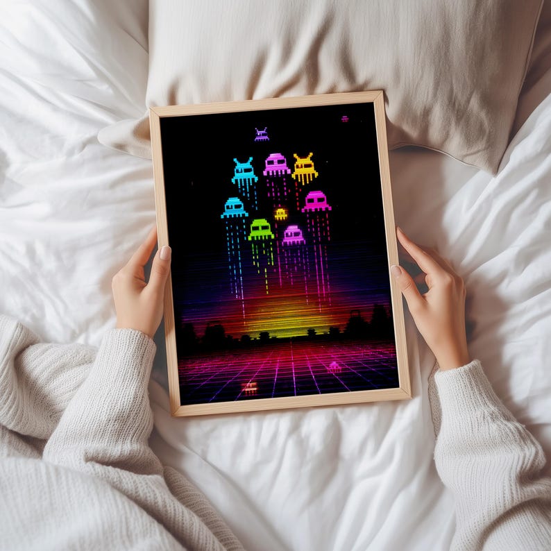 Space Invaders Neon Sign Retro Pixel Space Invaders Poster - Neon Arcade Wall Art - Synthwave ...