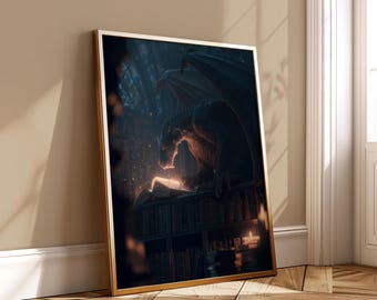 Fantasy Dragon Reading in Dark Magical Library - Printable Wall Art Poster - Mystical Creature Digital Print
