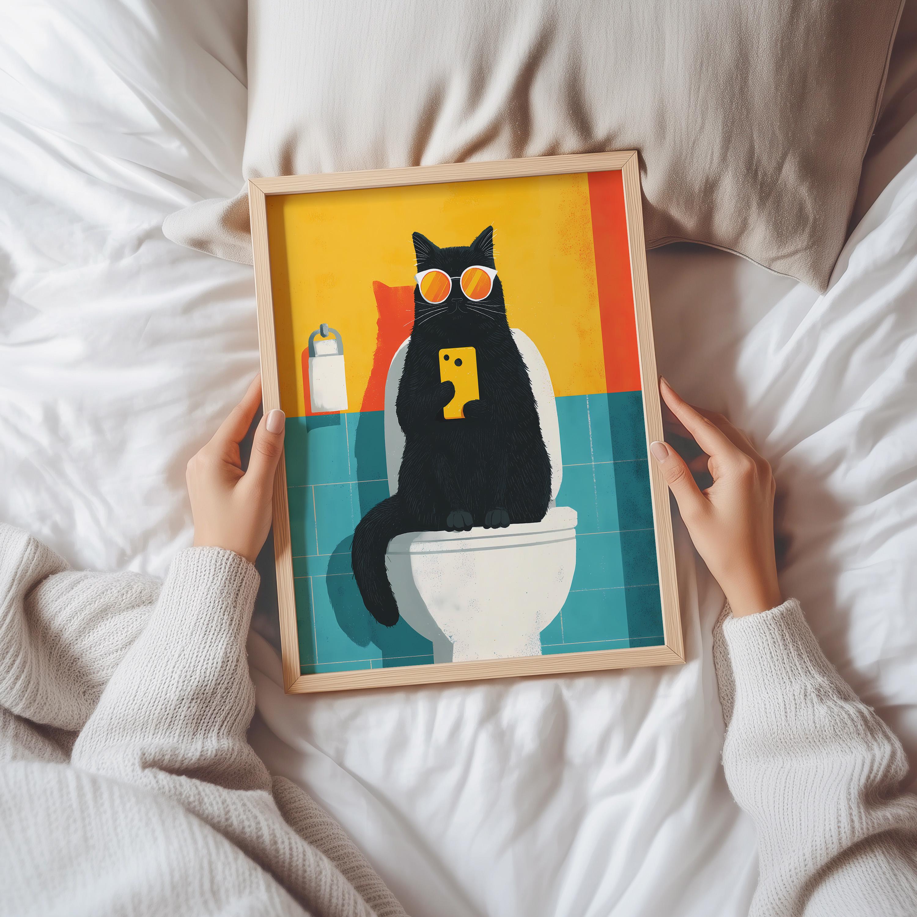 Funny Black Cat Toilet Poster Pop Art Bathroom Wall Art Digital ...