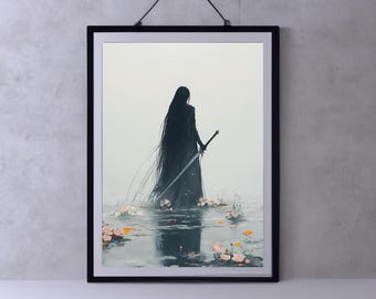 Female Knight Victorian Dark Academia Print - The Lake, Gothic Moody Wall Art, Woman Warrior Sword Decor