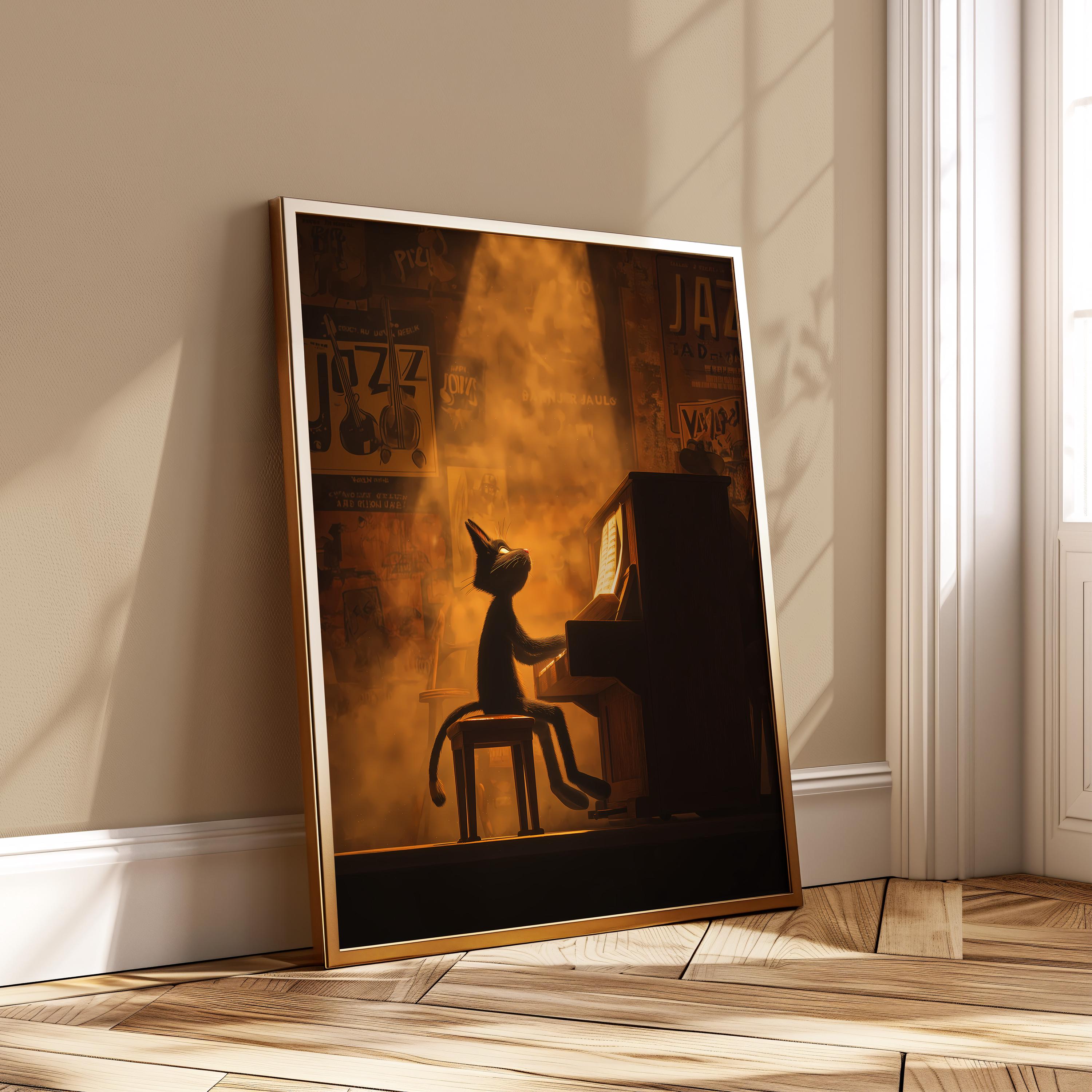 Jazz Cat Wall Art Piano Poster Musician Kitten Silhouette Illustration ...