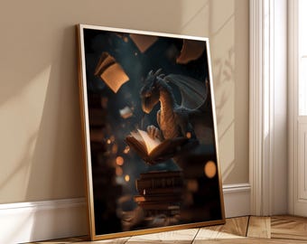May include: A framed print featuring a fantasy scene of a dragon reading a book. The dragon is light blue with large wings, perched atop a stack of books. Books are floating in the air, and the scene is illuminated with warm, golden light.