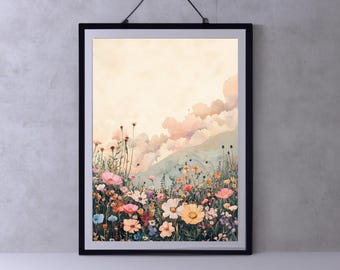 Spring Print, Flower Field Landscape Printable Art, Flower Meadow Oil Painting, Vintage Style decor, Summer Print, Abstract Garden Painting