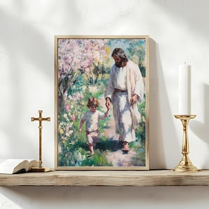 Jesus Walking with Child | Spring Faith Printable | Christian Oil Painting Style JPG | LDS Kids Room Art | Jesus and Boy Wall Decor