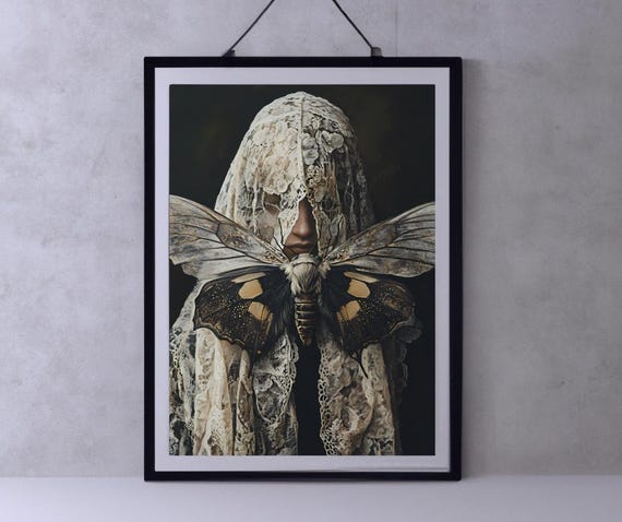 Veiled Woman Moth Art Print: Gothic Witchy Decor (digital Download