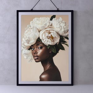 Black Woman Wall Art | African Portrait with Floral Design | Printable Black Art Print | Elegant Home Decor | Black Woman with Flowers