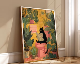 Funny Black Cat Reading Newspaper on Toilet Wall Art - Humorous Bathroom Poster Digital Download for Boho Plant Lover Decor