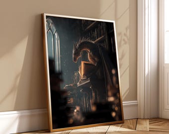 May include: A framed print depicts a dragon reading in a library. The dragon, with its wings spread, is illuminated by soft light. The scene includes bookshelves, an open book, and a window, creating a fantasy theme.