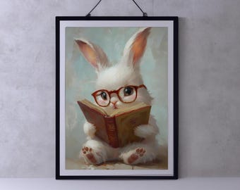 Easter Bunny Reading Book Print Art, Tiny Rabbit Big Glasses Printable Wall Nursery Spring Academia Decor Download