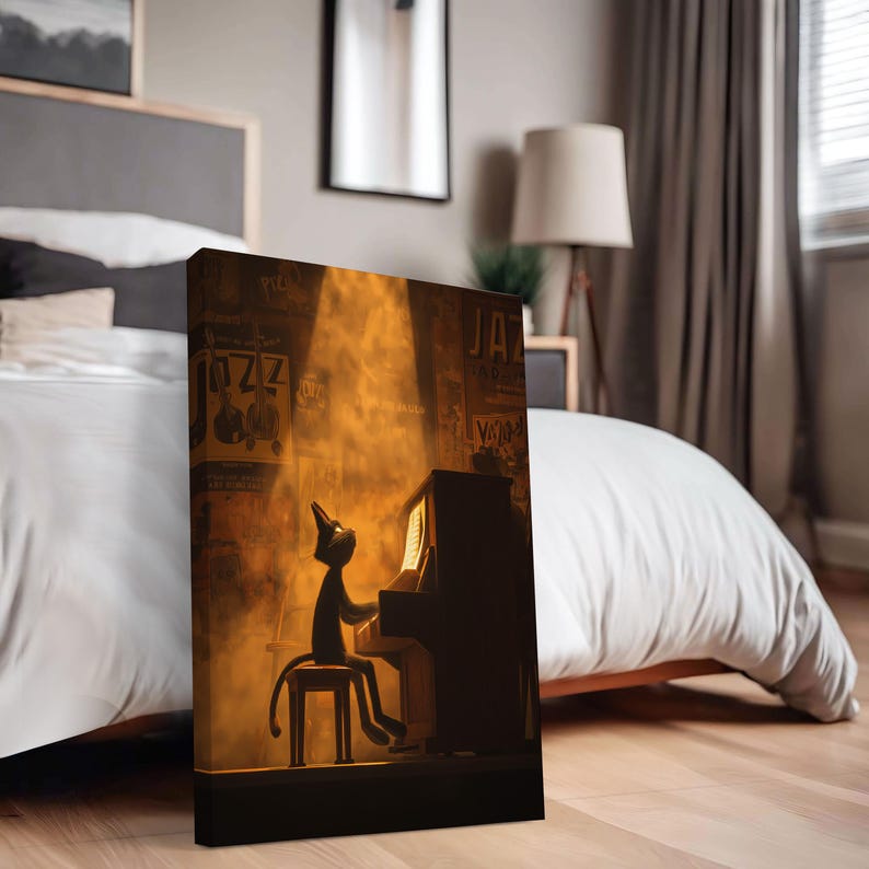 Jazz Cat Wall Art Piano Poster Musician Kitten Silhouette Illustration ...