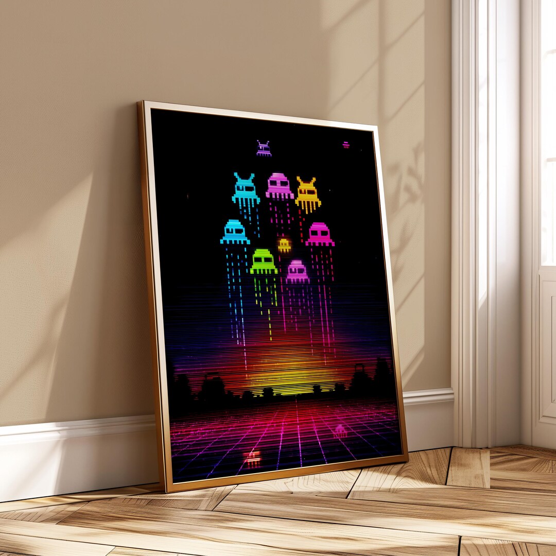 Retro Pixel Space Invaders Poster - Neon Arcade Wall Art - Synthwave ...