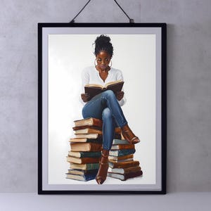 Black Woman Reading Book Art Print | Book Lover Print | African American Wall Art | Black Girl Digital Art | Cozy Bookish Wall Decor