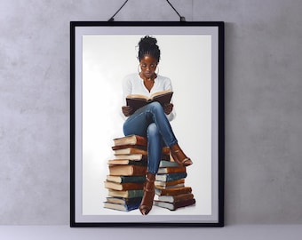 Stampa artistica di donna nera che legge un libro / Stampa per amanti dei libri / Arte murale afroamericana / Arte digitale di ragazza nera / Decorazione murale accogliente per i libri