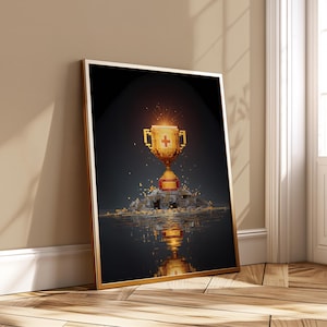 May include: A framed art print featuring a pixelated gold trophy with a red cross symbol. The trophy sits atop a pixelated mound, with a dark background and a golden frame. The image is reflected below the trophy.
