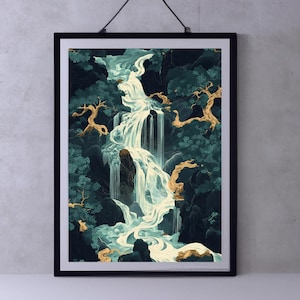 Hokusai Ukiyo-e Japanese Waterfall Wall Art Landscape Poster Print Blue Green Japanese Home Decor