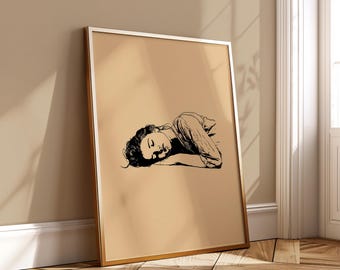 Sleeping Woman Line Drawing - Calm Minimalist Art Print - Boho Bedroom Decor Digital Download