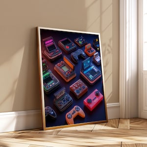 May include: A framed print showcasing a variety of retro handheld gaming consoles and controllers. The consoles are in various colours, including pink, orange, green, and blue, with illuminated screens. The artwork is displayed on a wooden floor.