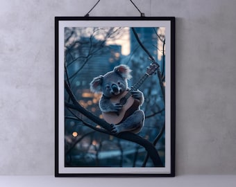 Whimsical Guitar Playing Koala Cityscape Art Print | Musical Animal Wall Decor Gift for Music Lovers
