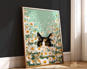 Calico Cat Daisy Wall Art - Printable Floral Cat Poster - Pastel Whimsical Digital Prints - Cute Kitten Decor
