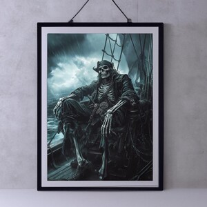 May include: A black and white illustration of a skeleton pirate captain sitting on a ship's deck. The pirate is wearing a black coat and a skull and crossbones bandana. The background is a stormy sea.