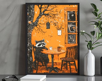 Stampa di gatto nero che fa colazione, caffè, croissant, fiori, poster giallo, regalo per amanti degli animali, divertimento, arredamento da bar, camera da letto - Italia