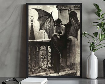 Atmospheric Gothic Fantasy Art Print | Brooding Dark Angel on Ornate Balcony | Elegant Gothic Decor | Dark Fantasy Wall Art