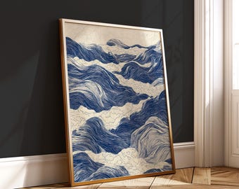 Japanese Wave Pattern – Traditional Ukiyo-e Style Poster – Indigo Sea Wall Art – Wabi Sabi Digital Ocean Print