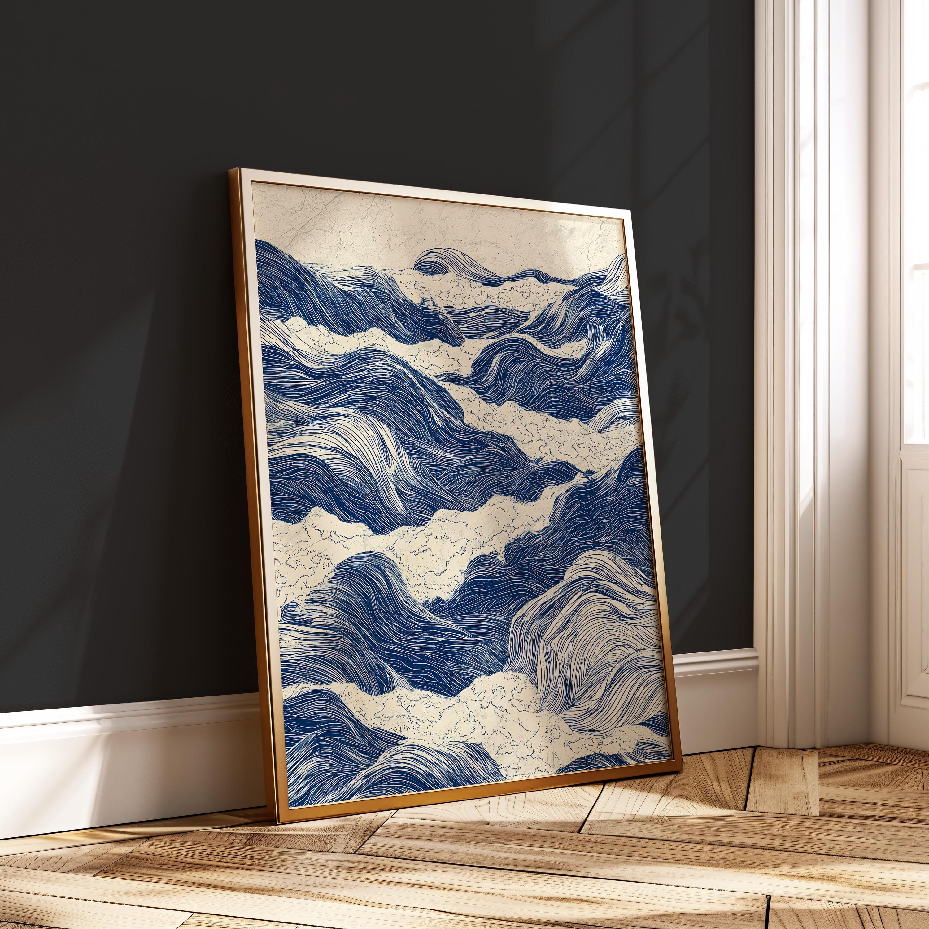 日本の波模様 - 伝統的な浮世絵風ポスター - 藍色の海の壁アート