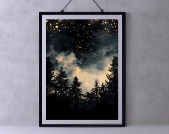 May include: Framed art print featuring a nighttime forest scene. Silhouetted evergreen trees are in the foreground, with a dark sky filled with golden sparkles and clouds. The artwork is in a black frame and hangs on a gray wall.