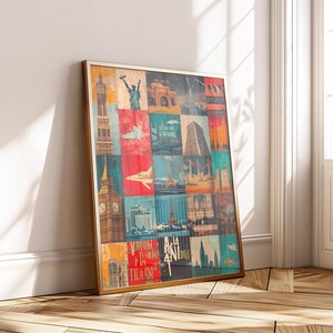 Póster de viaje vintage: collage de monumentos y aviones del mundo. Arte mural retro. Impresión de París, Londres y Nueva York. Descarga digital para decoración del hogar.