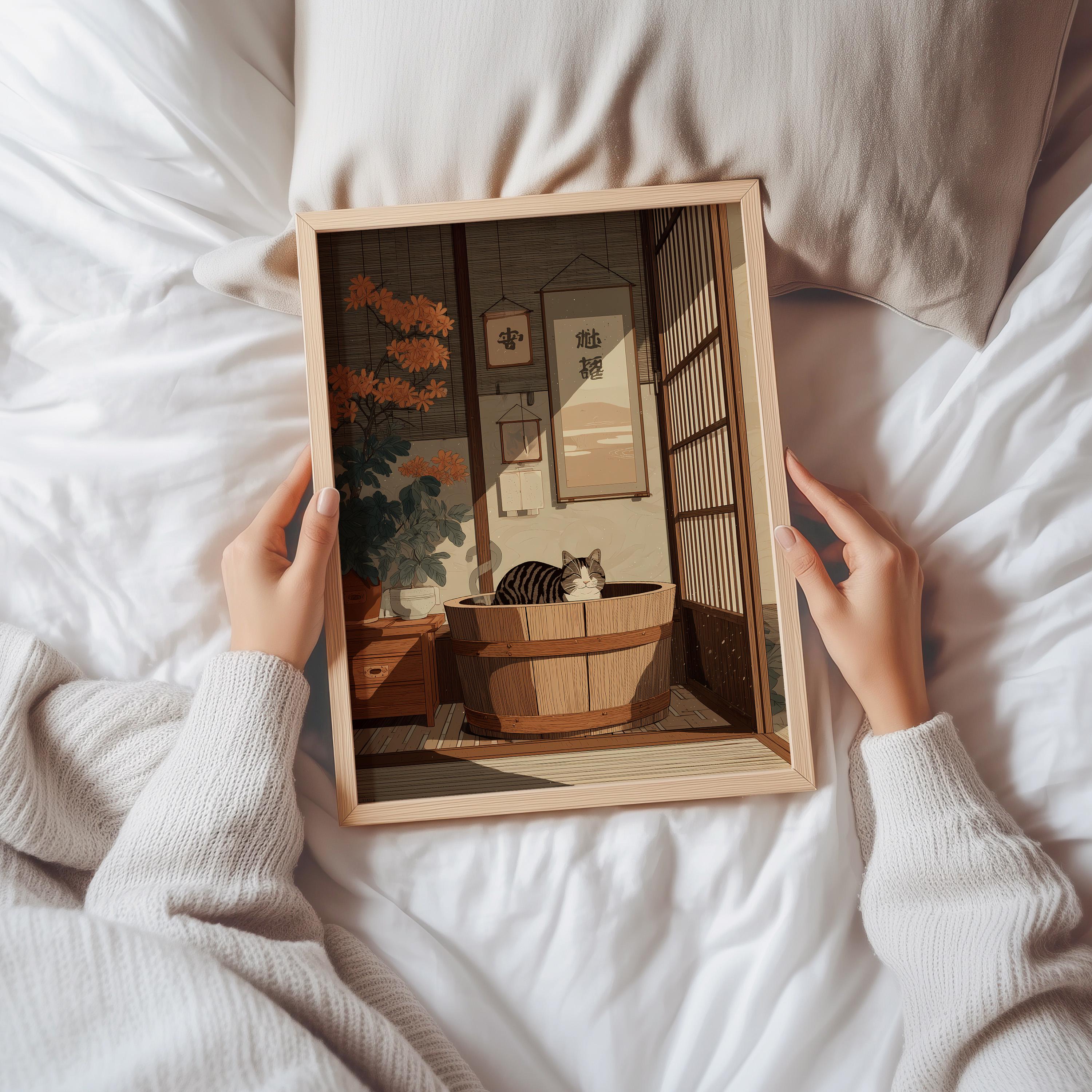 Zen Cat Bath Printable - Japanese Onsen Inspired Wall Art - Cozy Home ...