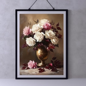Moody Flower Painting | Printable Wall Art | Vintage Floral Wall Art | Antique Art Print | Farmhouse Wall Art | Moody Botanical Oil Painting