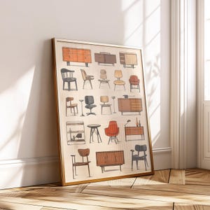 May include: A framed print displaying illustrations of mid-century modern furniture. The artwork includes various chairs, cabinets, and tables in a minimalist style, with a neutral colour palette and a gold frame.