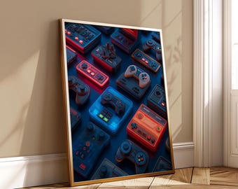 May include: A framed print featuring a collection of retro video game controllers and consoles. The controllers are in various colors, including red, blue, and orange, with glowing neon accents. The artwork is displayed against a dark background.